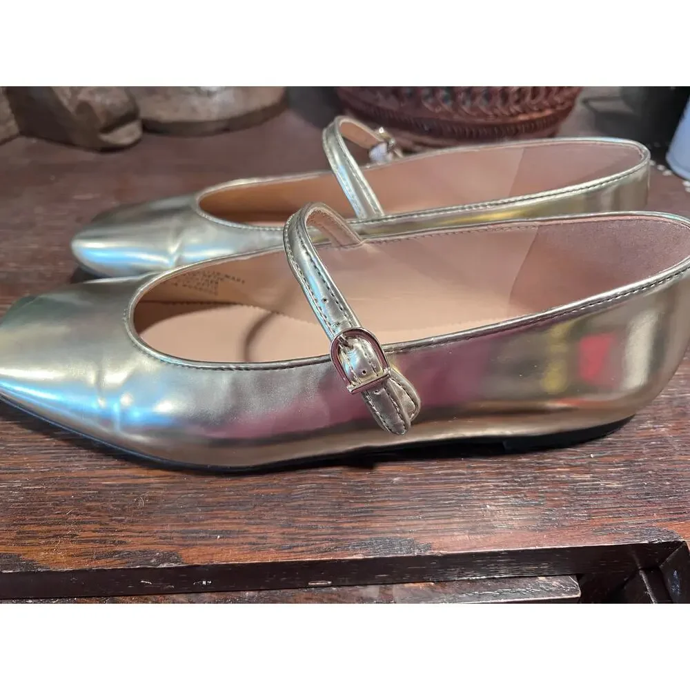 J.Crew Square Toe Mary Jane Shoes - Metallic Soft Gold Ballerina Flats - Sz 7